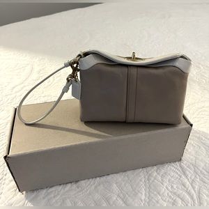 Coach beige/taupe and cream square wristlet with gold hardware